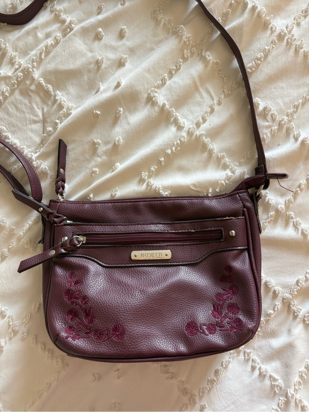 Rosetti Maroon Embroidered Pebbled Faux Leather Crossbody Bag